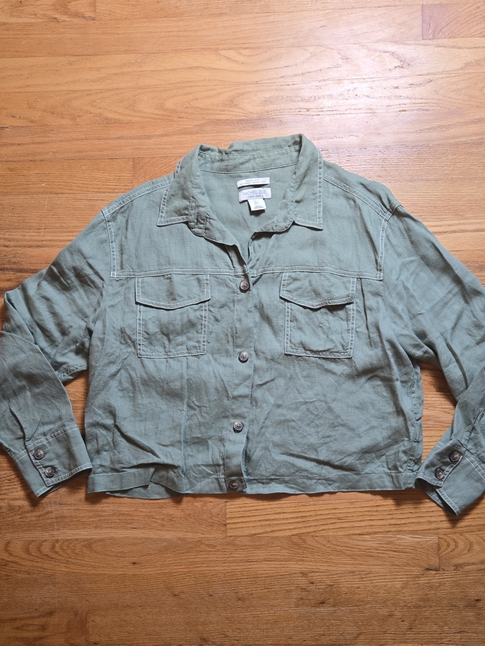 Rachel Zoe green 100% linen button-down shirt jacket